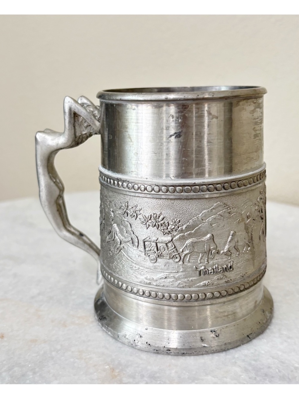 Vintage Bangkok Pewter Thailand Naked Woman Handle Pewter Mug Stein 4.25”